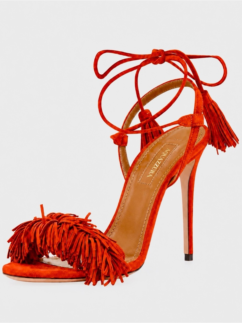 AQUAZURRA 4” Orange Suede Fringe Lace-Up Stiletto Sandals Heels Shoes